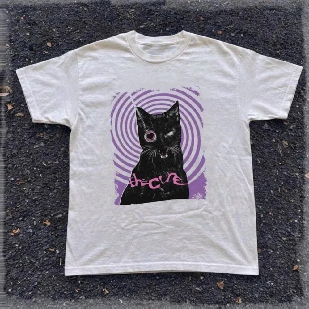 White Purple Graphic Cat Illustration Aesthetic Cute Animal Streetwear Unisex .